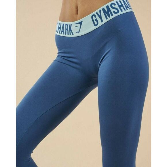 Gymshark Flex Leggings Women L Blue Spellout Logo Nonslip Waist Stretch Shaping - Picture 1 of 8